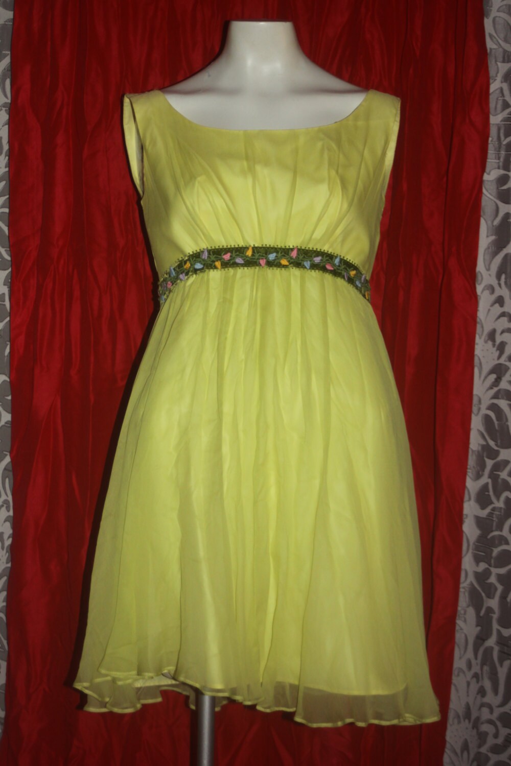 Vintage 60's Yellow Chiffon Mini Baby Doll Party Dress S