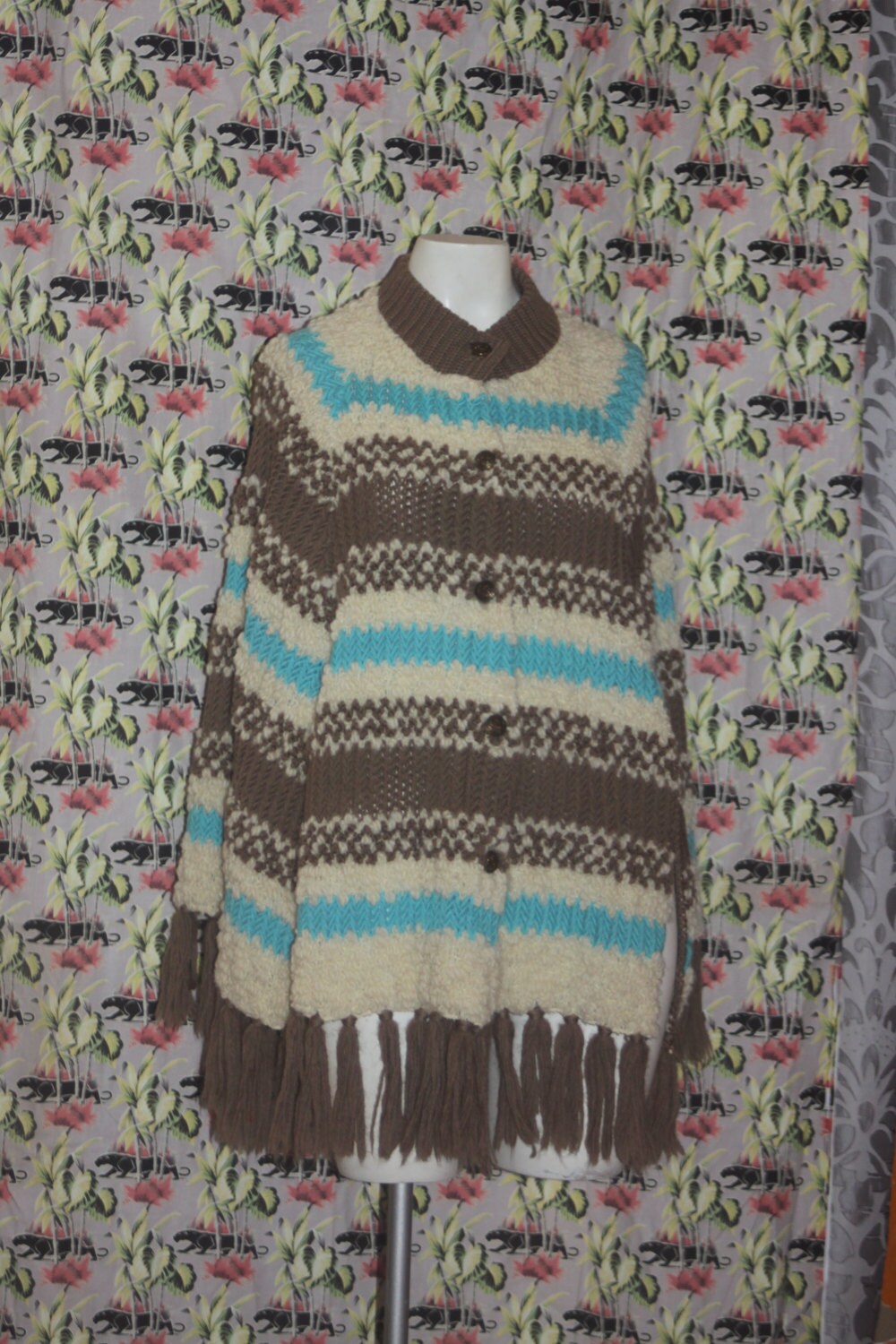 Vintage Wool Striped Knit Shawl Cape