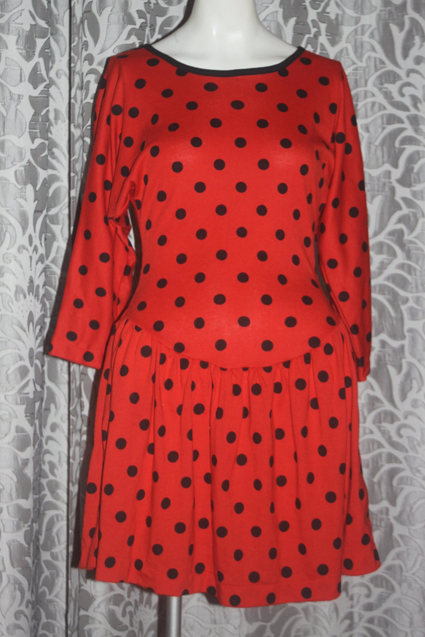 Vintage 1980's Ardee Red and Black Polka Dot Mini Dress S