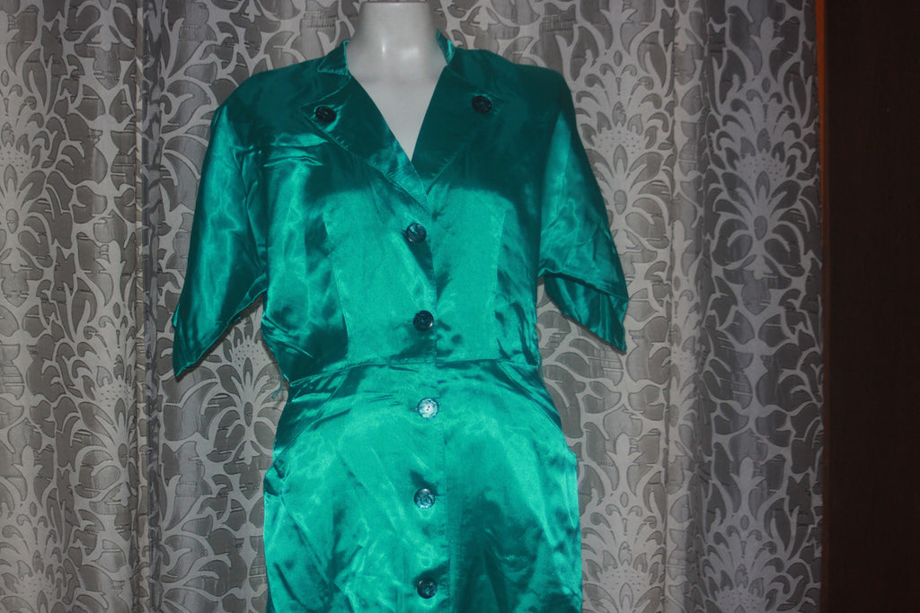 Vintage Green Satin Young Edwardian 1980's Dress M