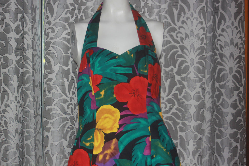 Vintage 80's Tropical Hawaiian Party Halter Dress 7/8 M