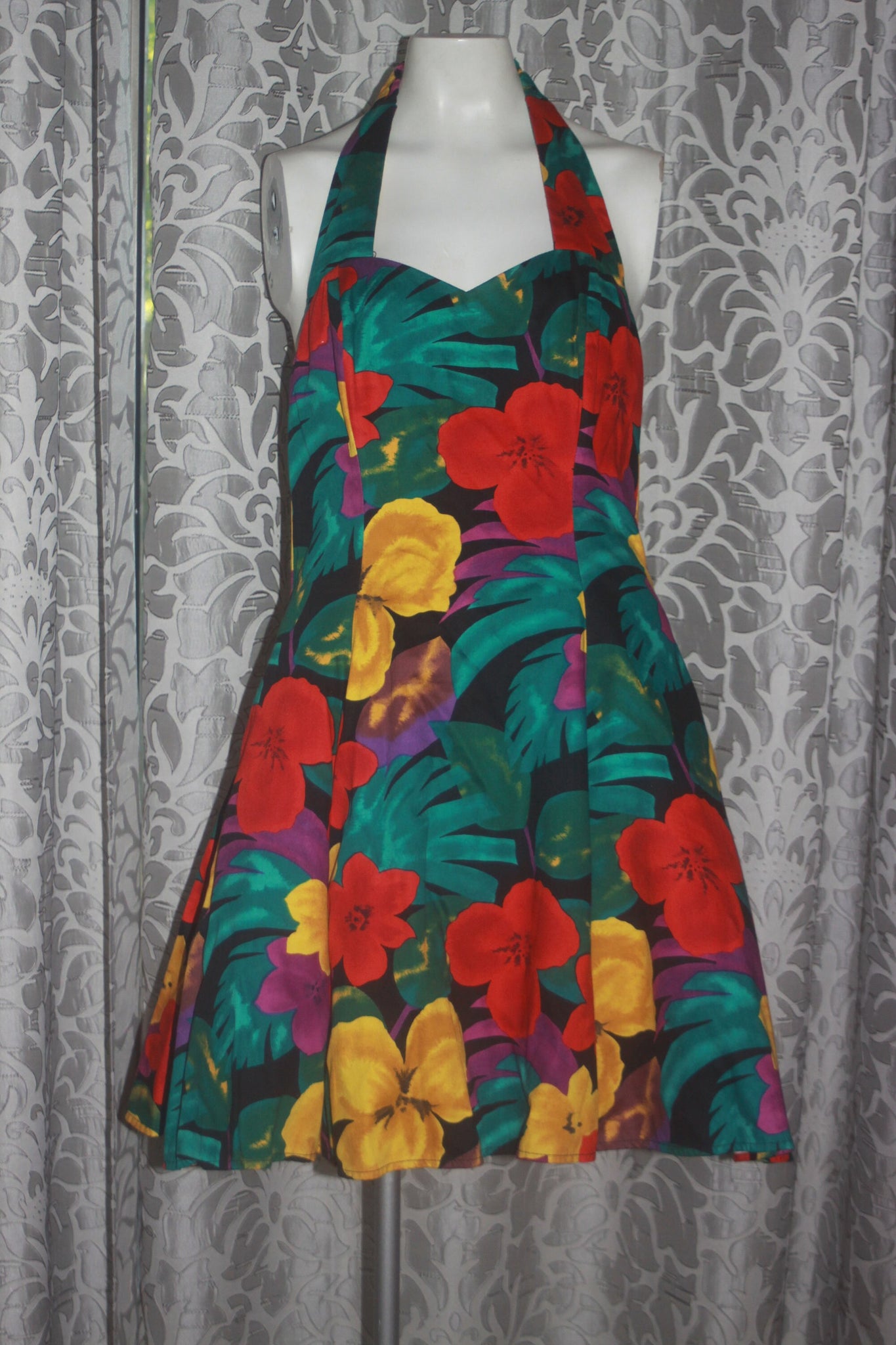 Vintage 80's Tropical Hawaiian Party Halter Dress 7/8 M