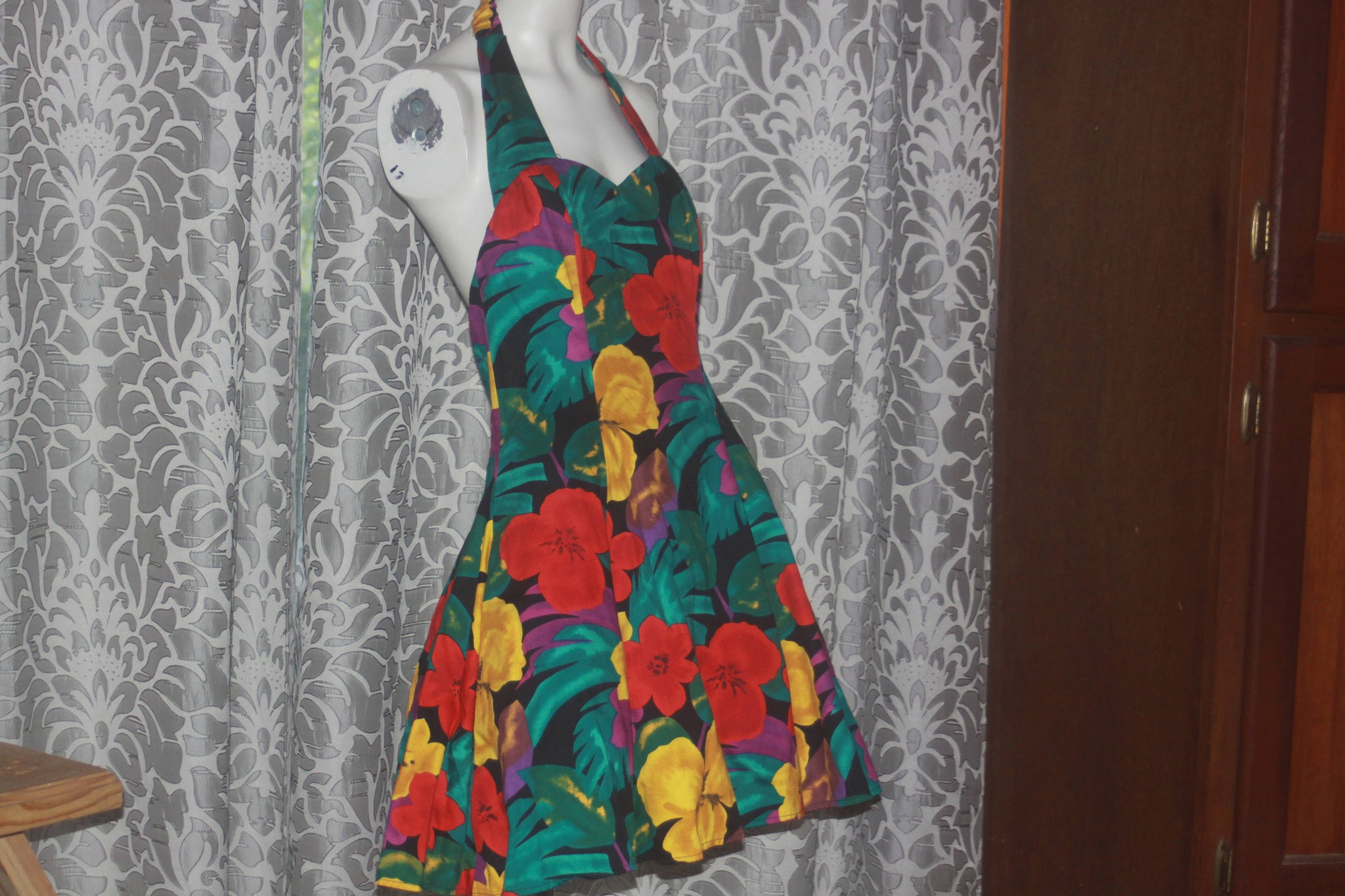 Vintage 80's Tropical Hawaiian Party Halter Dress 7/8 M