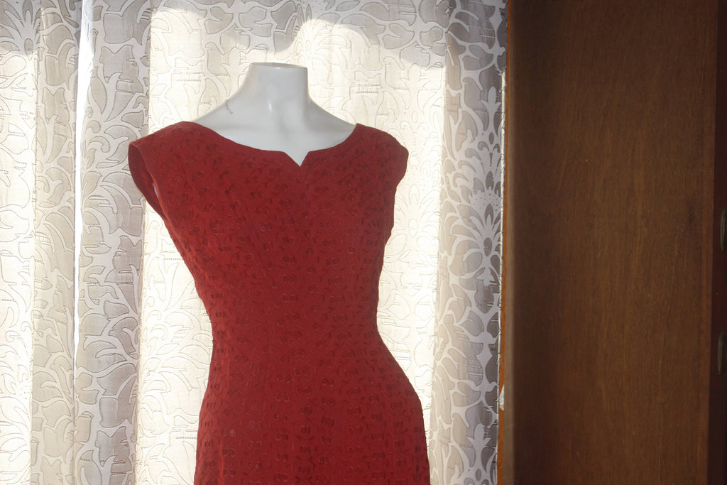 Vintage 1950's Red Eyelet Form Fitting Dress S