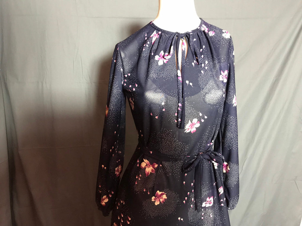 Vintage 1970's Sheer Marti Petite Navy Flower Dress 8