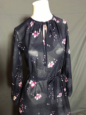 Vintage 1970's Sheer Marti Petite Navy Flower Dress 8