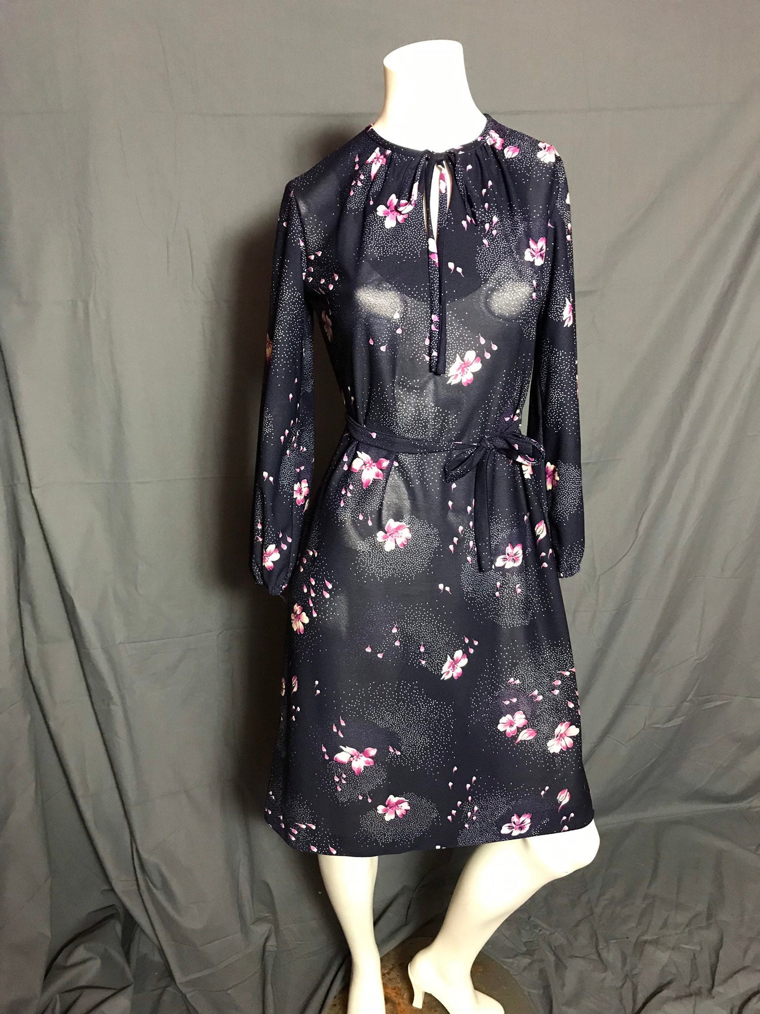 Vintage 1970's Sheer Marti Petite Navy Flower Dress 8