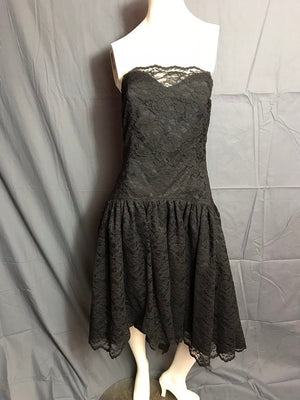 Vintage 1980's Black Corset Lace Drop Waist Full Skirt Lace Dress M
