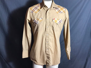 Vintage Ely Plains tan plaid cowboy western shirt 15-33