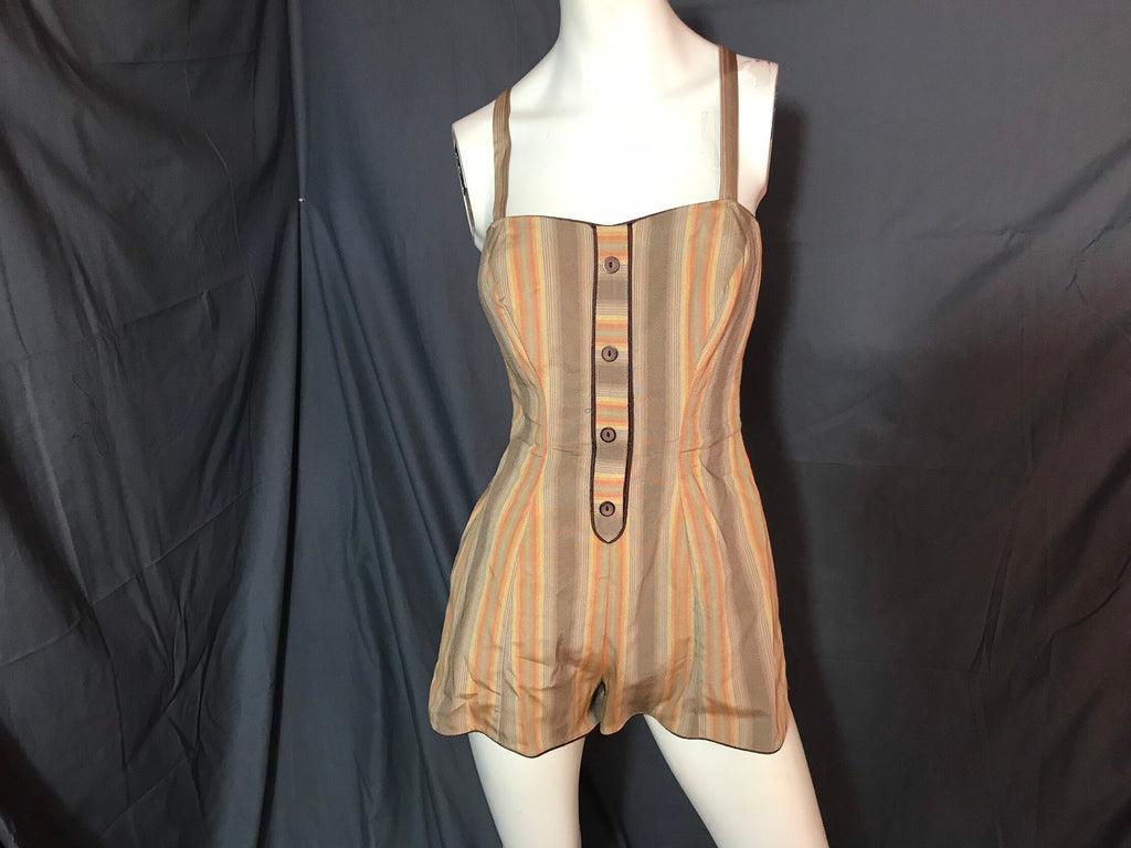 Vintage Par Form Striped 1950's Bathing Suit Playsuit M/L 16/38