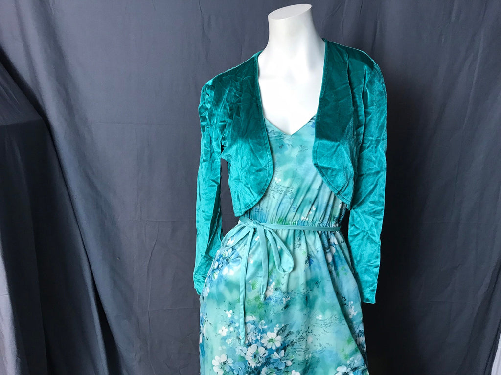 Vintage Green Floral 1970's Disco Dress With Jacket M