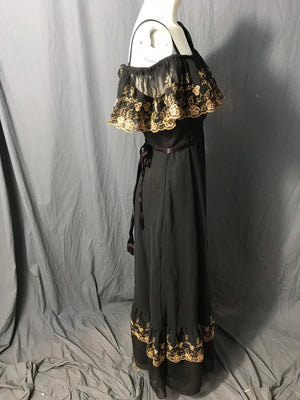 Vintage black and gold long 1970’s ruffle bust dress M