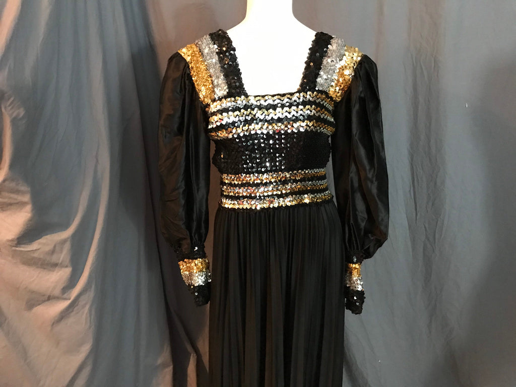 Vintage 1970’s long black gold and silver sequin dress L