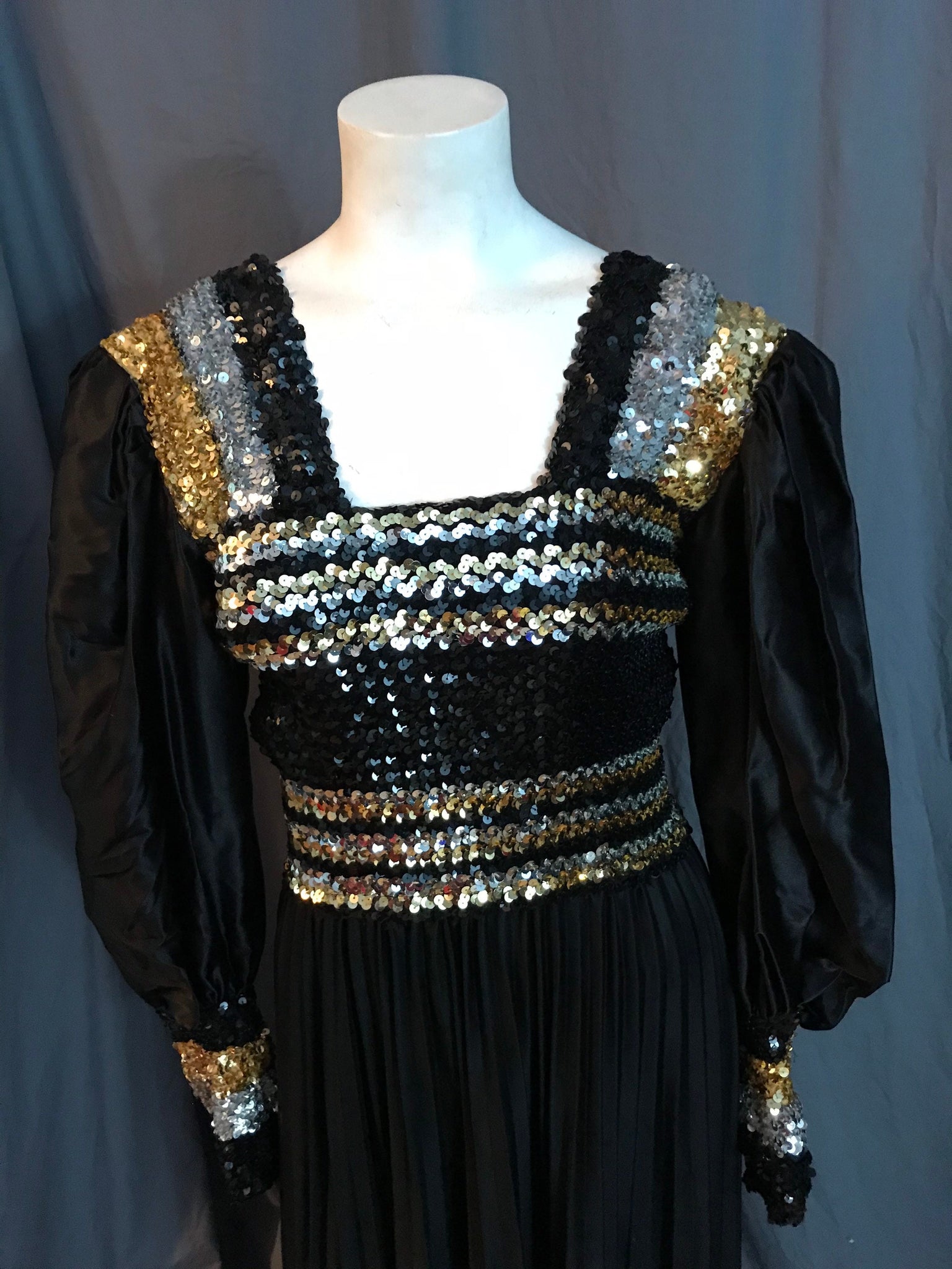 Vintage 1970’s long black gold and silver sequin dress L