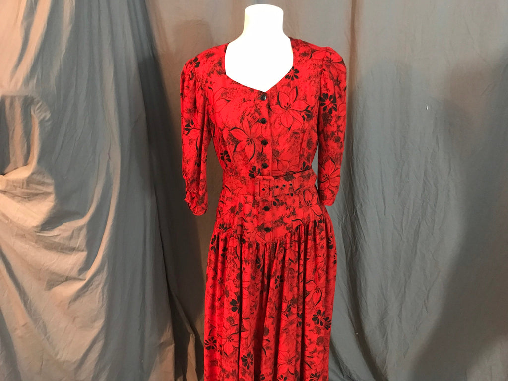 Vintage 1980’s RGY red and black floral drop waist dress L