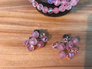 Vintage 1960’s pink glass 2 strand choker and clip earrings