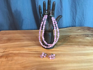 Vintage 1960’s pink glass 2 strand choker and clip earrings