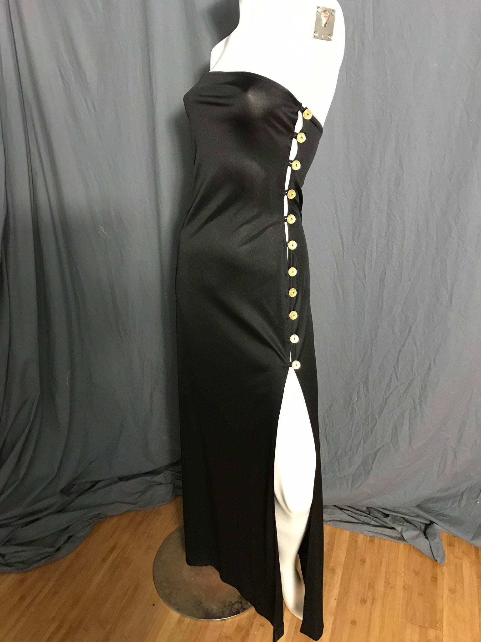 Vintage 1970’s Funky black strapless side button up dress M