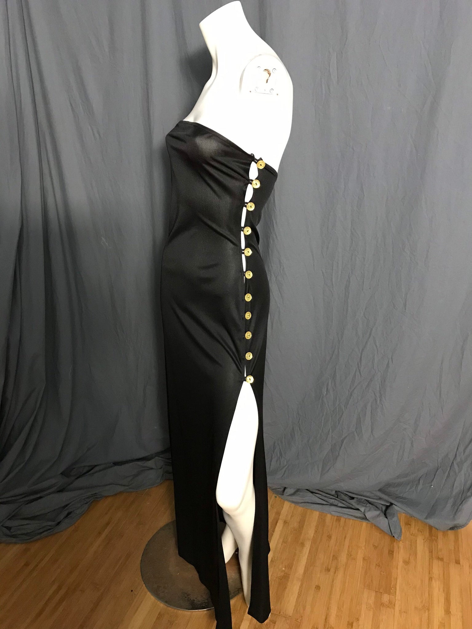 Vintage 1970’s Funky black strapless side button up dress M