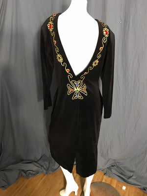 Vintage 1980’s black velour low cut back jeweled dress L XL