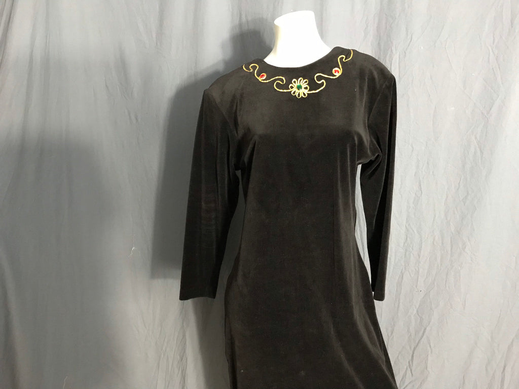 Vintage 1980’s black velour low cut back jeweled dress L XL