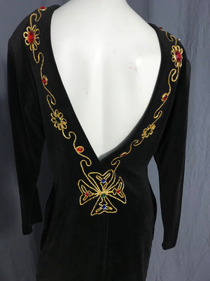 Vintage 1980’s black velour low cut back jeweled dress L XL