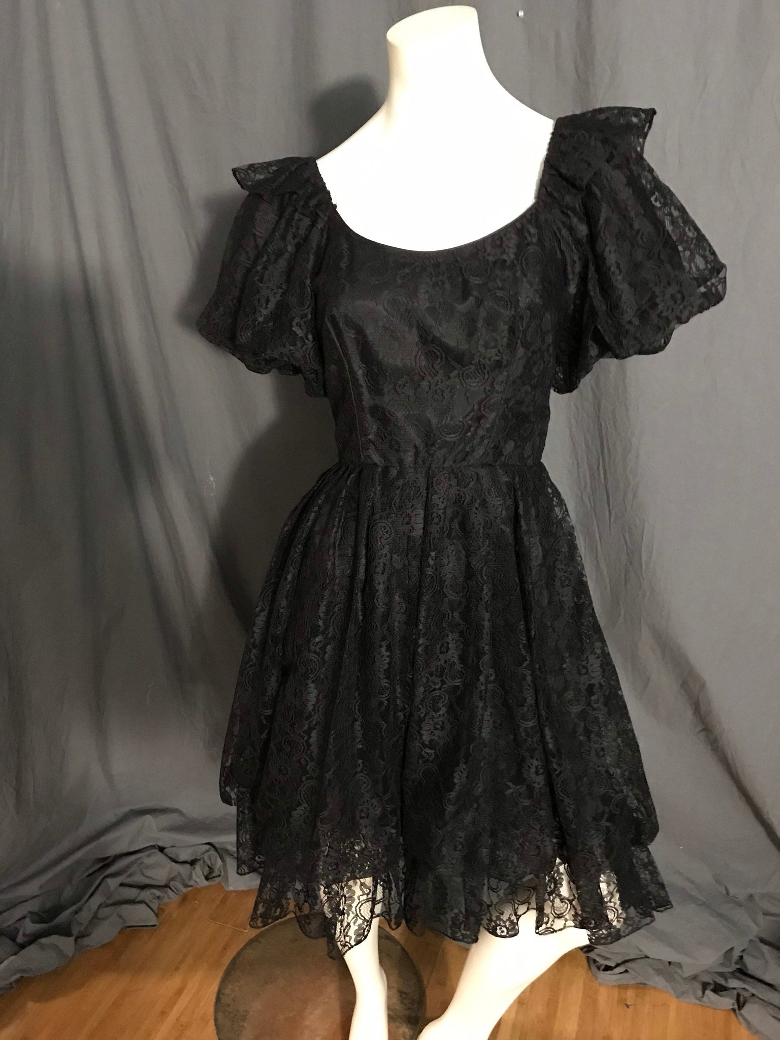 Vintage black lace full circle square dance dress S M