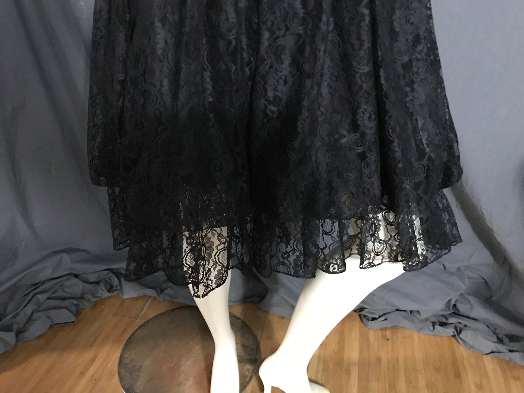 Vintage black lace full circle square dance dress S M