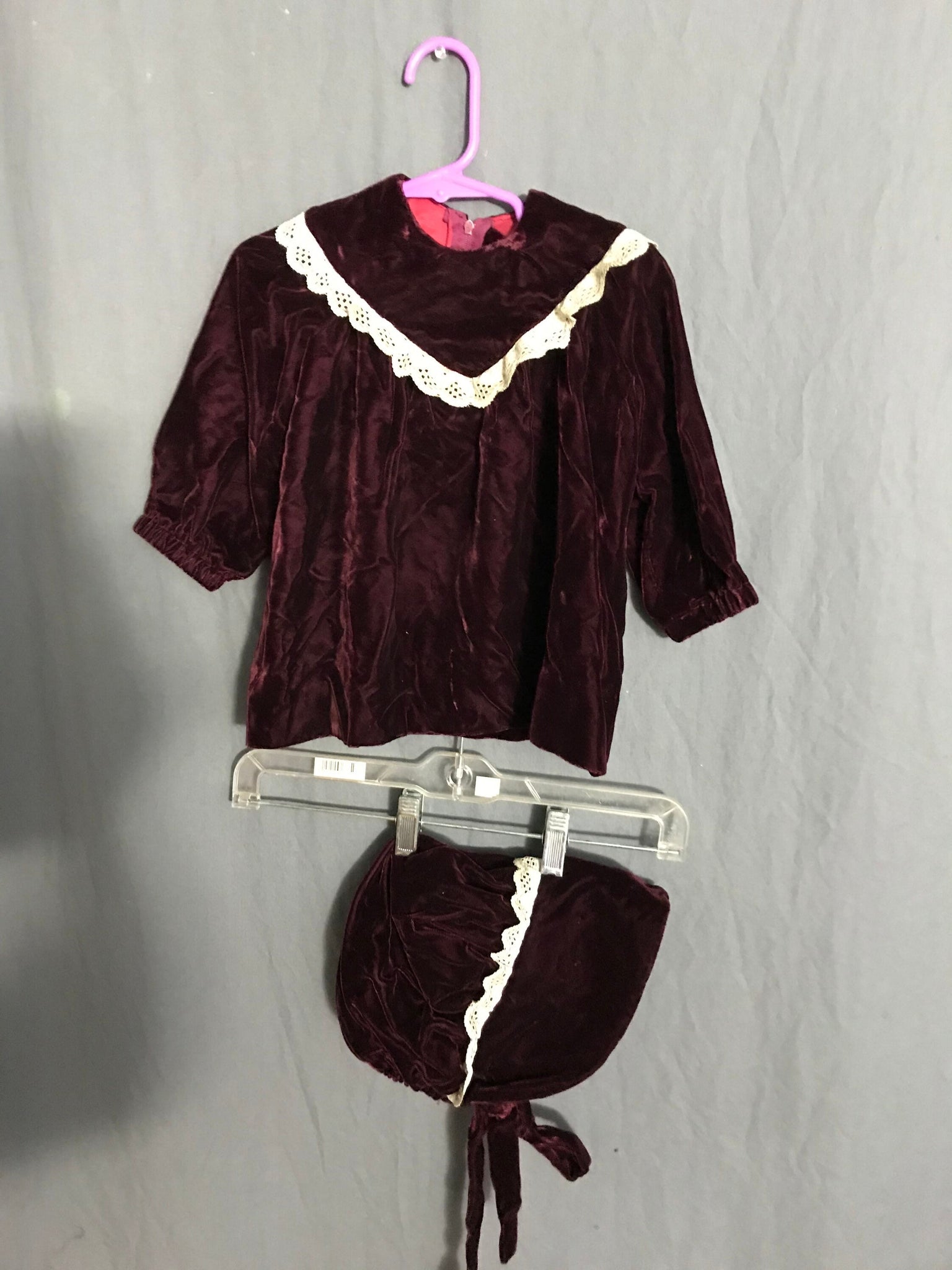 Vintage baby maroon velvet dress and bonnet 12mos.