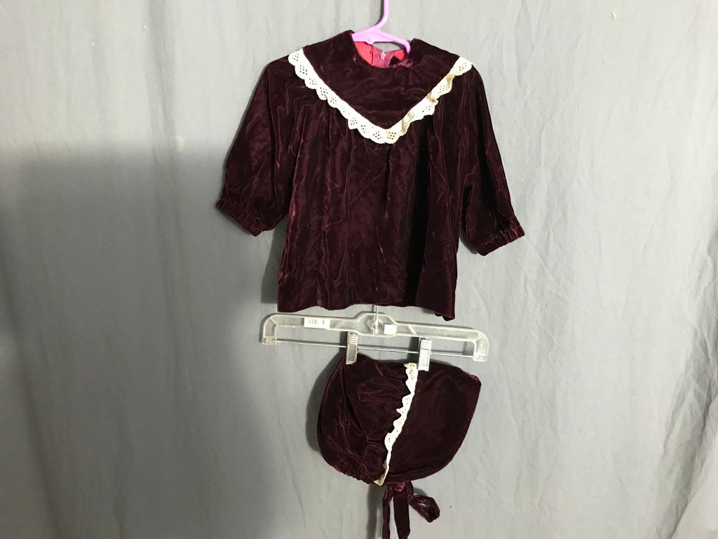 Vintage baby maroon velvet dress and bonnet 12mos.