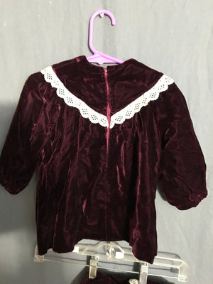 Vintage baby maroon velvet dress and bonnet 12mos.