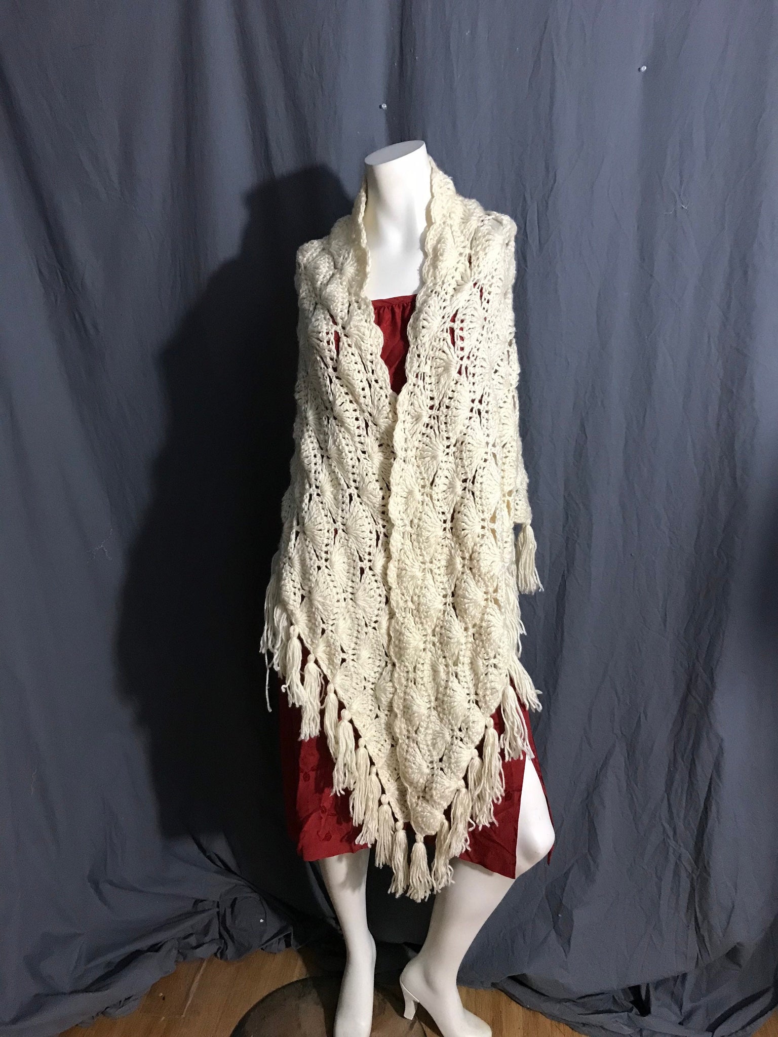 Vintage off white boho crochet shawl