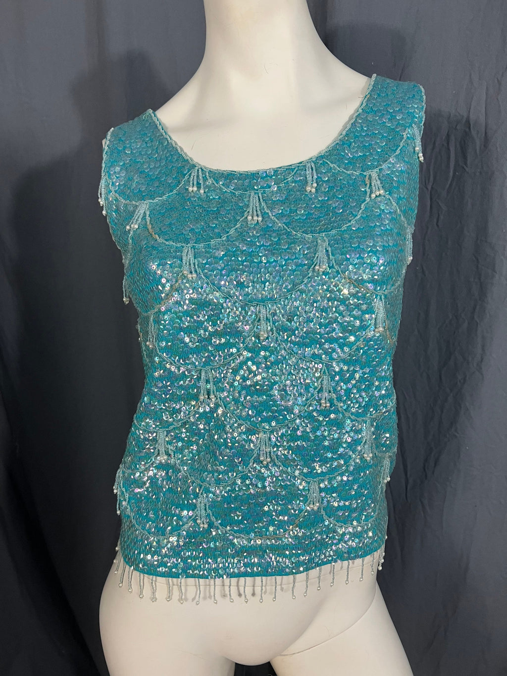 Vintage 60's Macway's Tailors turquoise & sequin top shirt M 36