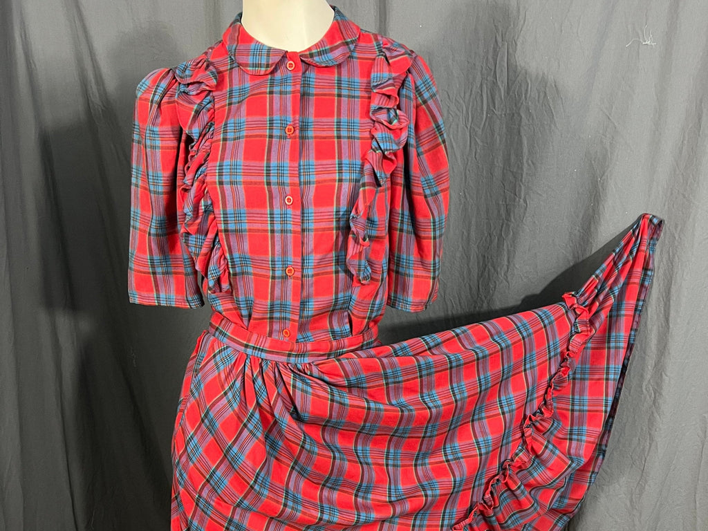 Vintage Tomboy red plaid prairie skirt and ruffle top M