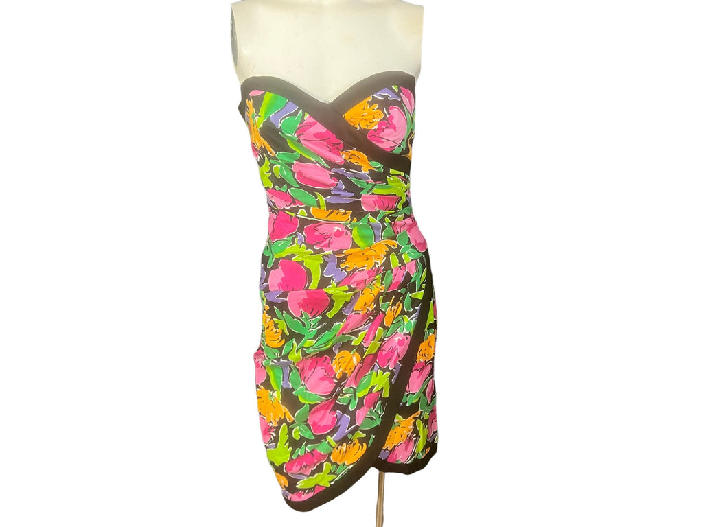 Vintage 80's strapless floral party dress Pantagis 6 S