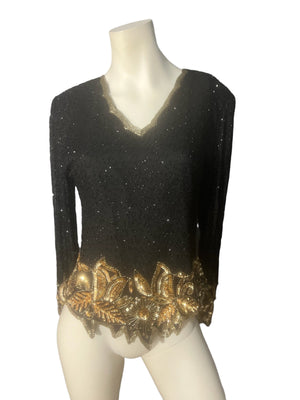 Vintage bead and sequin black and gold top shirt L