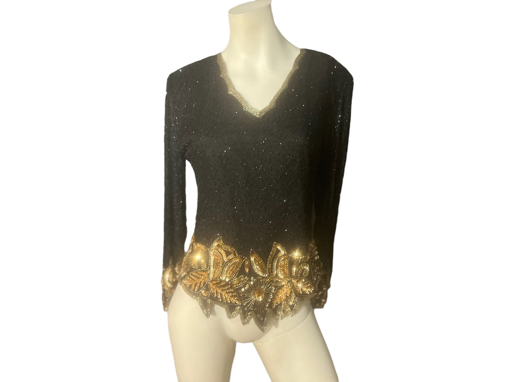 Vintage bead and sequin black and gold top shirt L