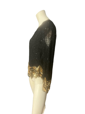 Vintage bead and sequin black and gold top shirt L