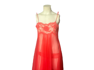 Vintage 60's red full sweep nightgown lingerie w/ panties M