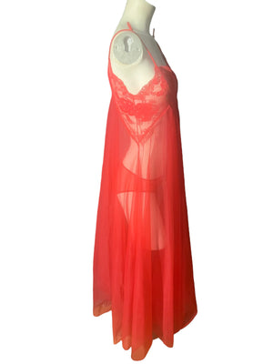 Vintage 60's red full sweep nightgown lingerie w/ panties M