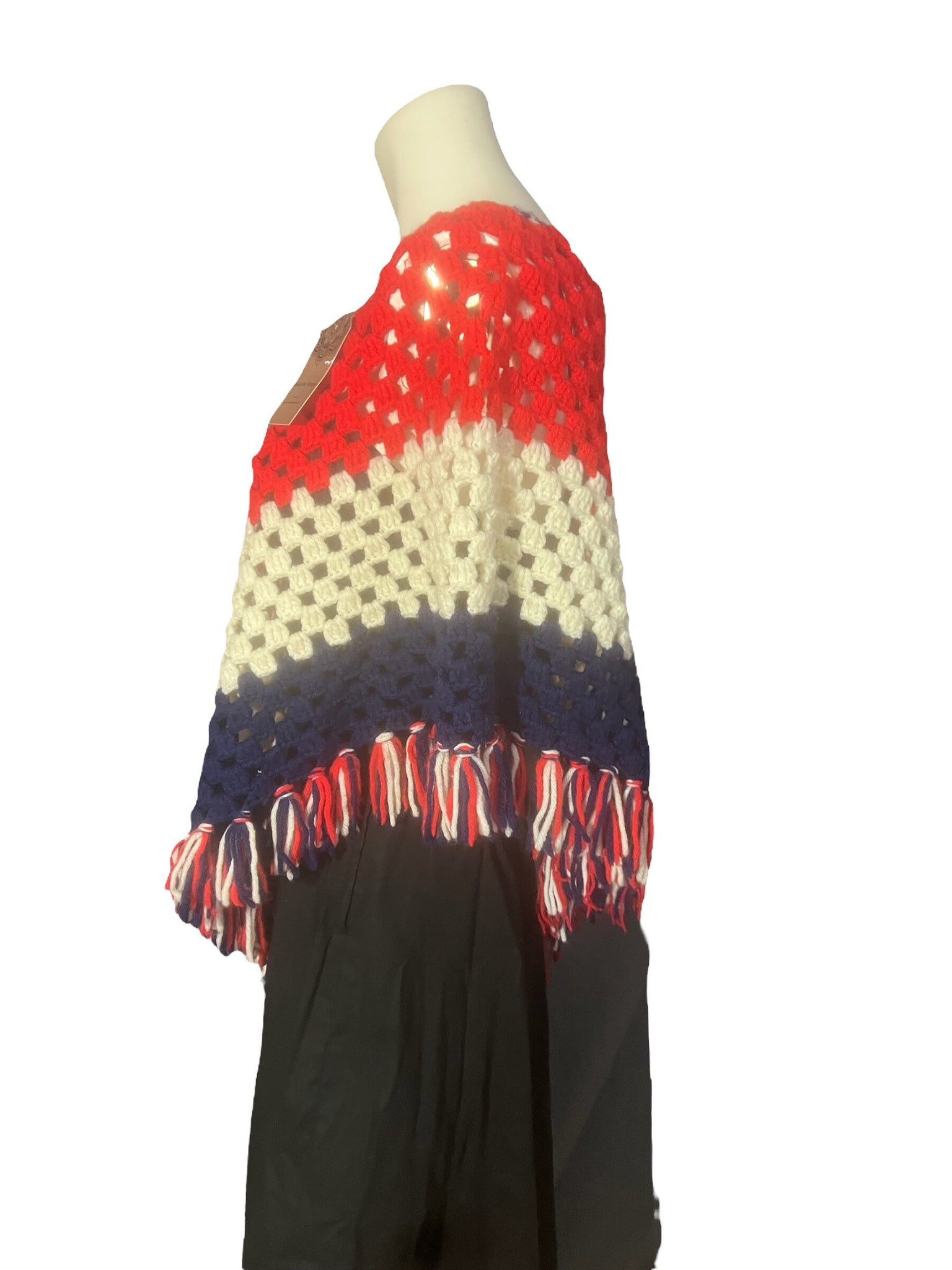 Vintage 70's red, white, & blue crochet shawl