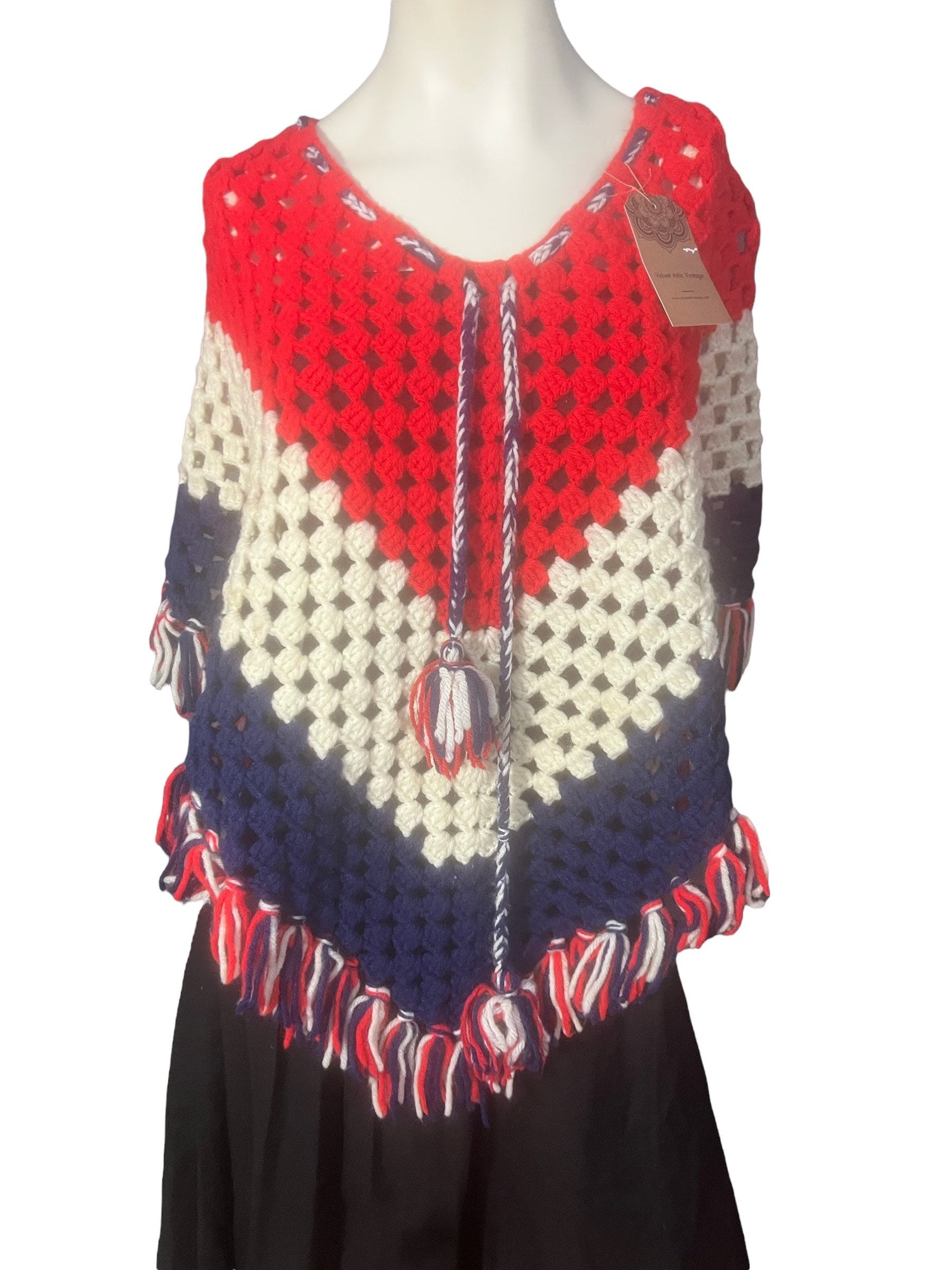 Vintage 70's red, white, & blue crochet shawl