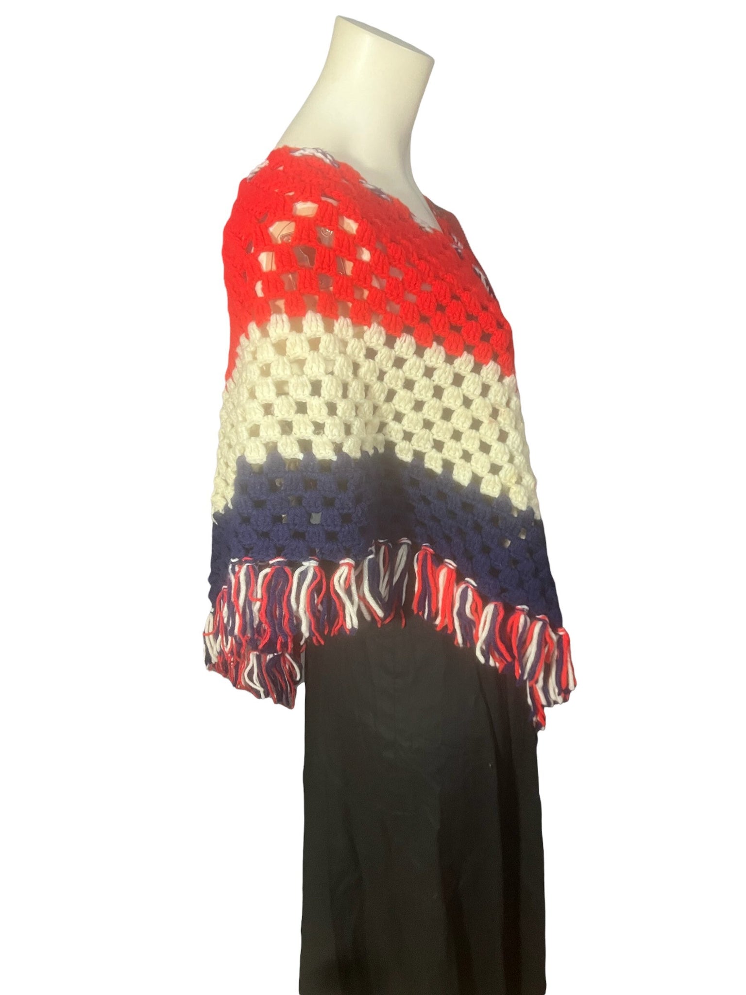 Vintage 70's red, white, & blue crochet shawl