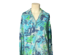 Vintage 70's blue floral zip up shirt L