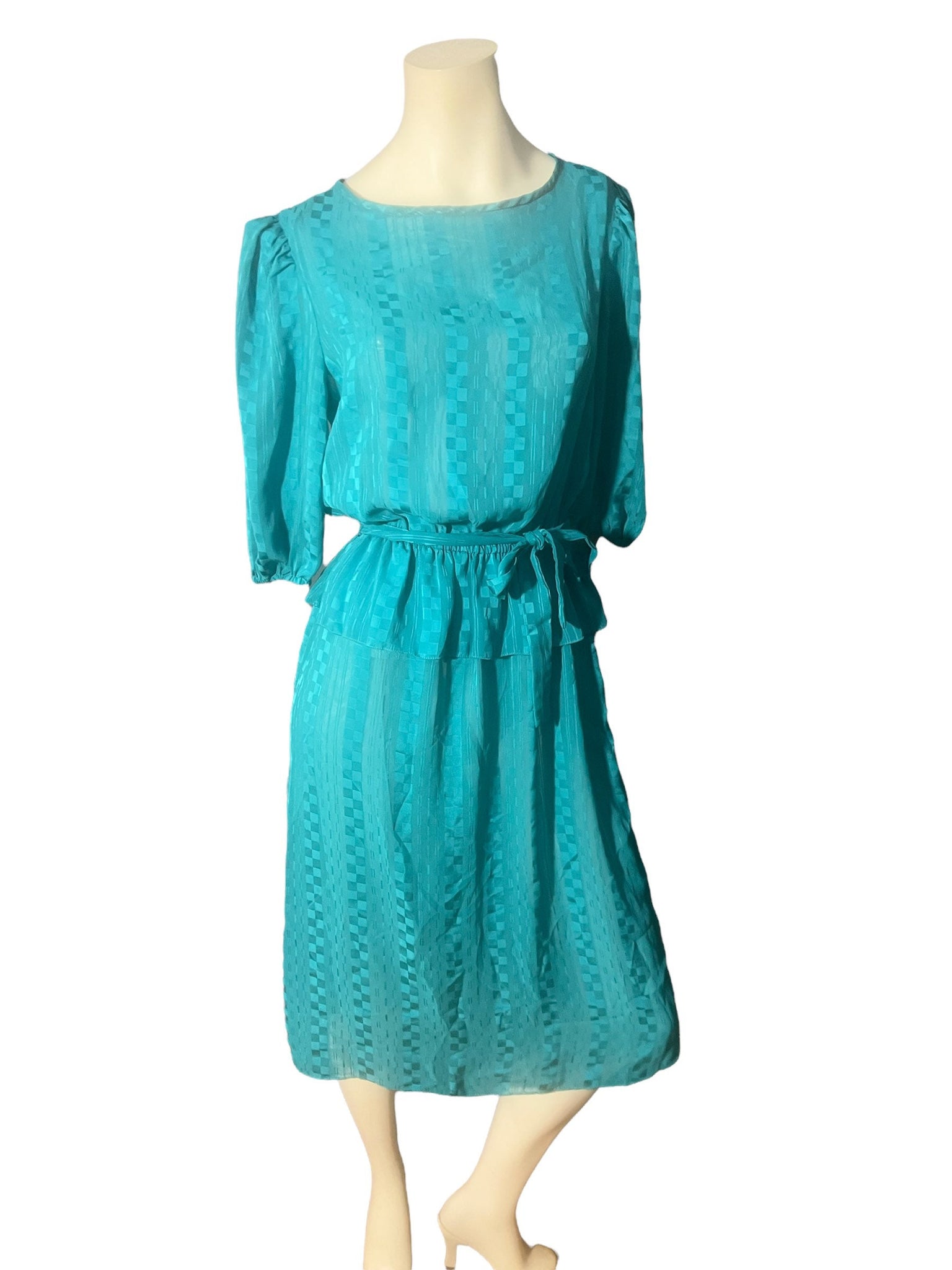 Vintage 80's peplum teal semi sheer dress M L