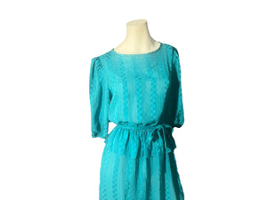 Vintage 80's peplum teal semi sheer dress M L