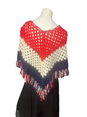 Vintage 70's red, white, & blue crochet shawl