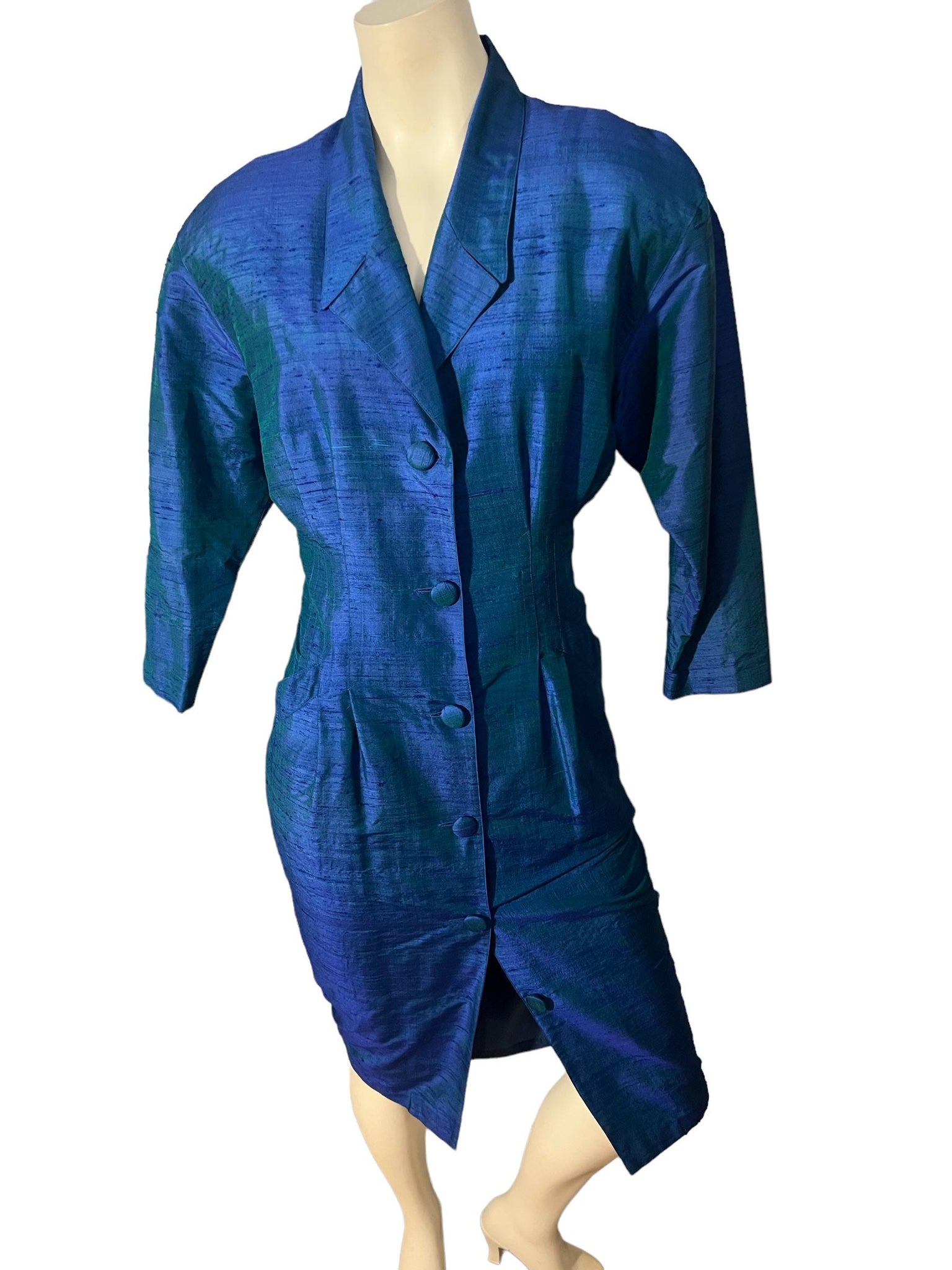 Vintage 80's blue silk fitted shirt dress L