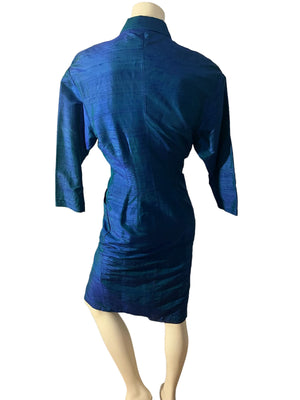 Vintage 80's blue silk fitted shirt dress L