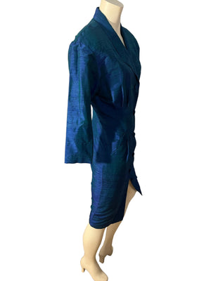 Vintage 80's blue silk fitted shirt dress L